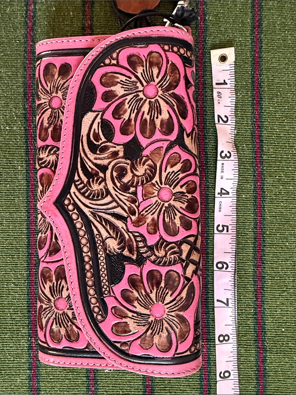 Pink Floral Tooled Wristlet Wallet - Handcrafted Leather Myra Bag - Picture 5 of 6